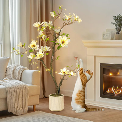 Arbre de magnolia artificiel 4 pi / 5 pi / 6 pi avec fleurs blanches réalistes et feuilles vertes luxuriantes pour la décoration intérieure et extérieure de bureau à domicile
