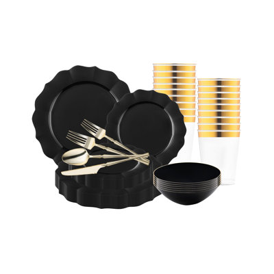 Service de table rond en plastique noir à motif de lotus - 120 couverts