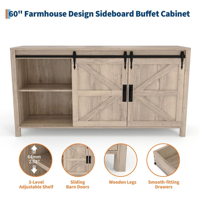 60" Farmhouse Sideboard Buffet Cabinet with Sliding Barn Doors & 4 Drawers, White Wood TV Stand Console for Dining Room, Coffee Bar, 31.5" Tall
