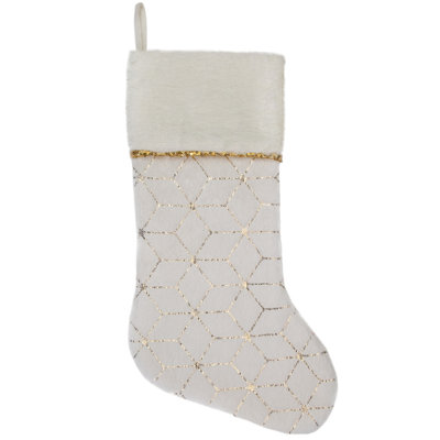 20" Cream and Gold Faux Fur Geometric Pattern Christmas Stocking