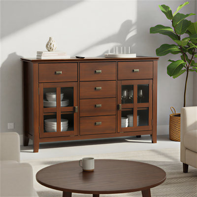 Artisan 54"W Solid Wood Sideboard Buffet with Tempered Glass Doors and 6 Drawers