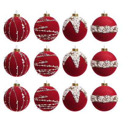 12-Pack Flocked And Beaded Christmas Balls Decorative Hanging Ornaments For Chri - Shatterproof Wine Hanging Decor for Holiday Party Festival Ornament