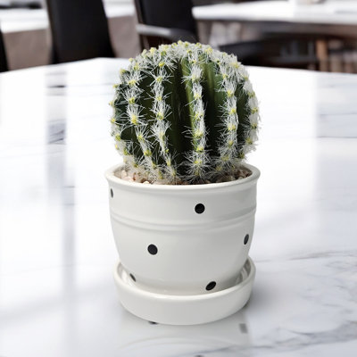 Artificial Cactus Plant In White Ceramic Pot, 5" Mini Barrel Cactus Decor