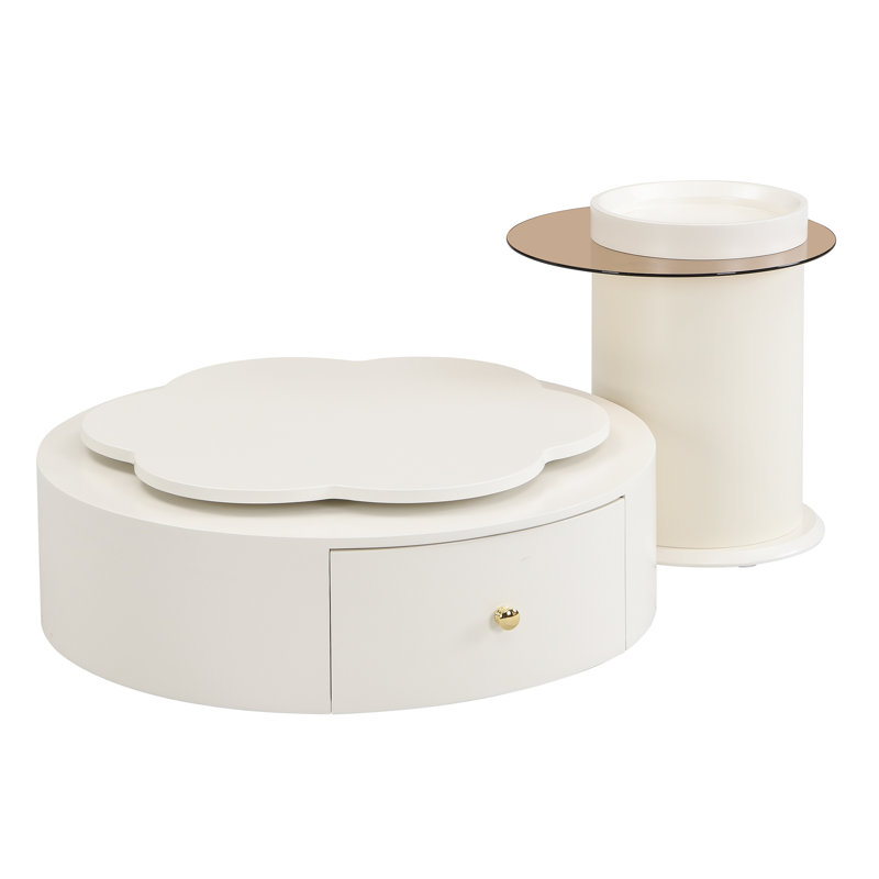 Modern Round Coffee Table Set Of 2 , 360-Degree Rotatable Flower-Shaped Top With 2 Drawers, Top Circle Side Table End Table With Glass For Living Room