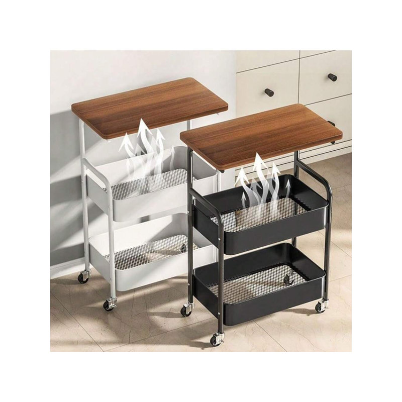 3 Tier Rolling Cart with Wooden Tabletop Utility Cart with Lockable Wheels Multipurpose Storage Organizer Trolley for Kitchen Office Bedroom Sturdy Metal Frame for Small Spaces Easy Assembly