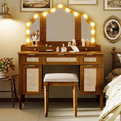 Makeup Vanity Desk with Stool Set, 13 Hollywood Bulbs & 3 Lighting Modes Dressing Table, Tri-Fold Mirror Large Vanity Table with Cushioned Stool, Charging Station, Ample Storage