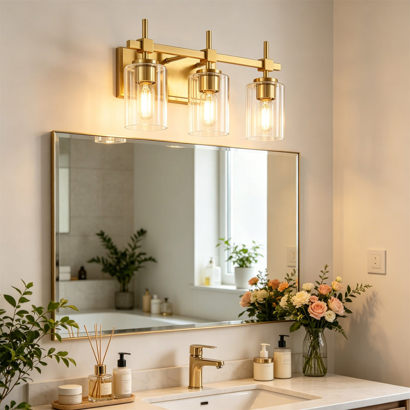 Luminaire de salle de bain 3 lumières, applique murale linéaire moderne avec abat-jour en verre nervuré transparent, luminaire mural contemporain pour couloir de chambre à coucher à miroir