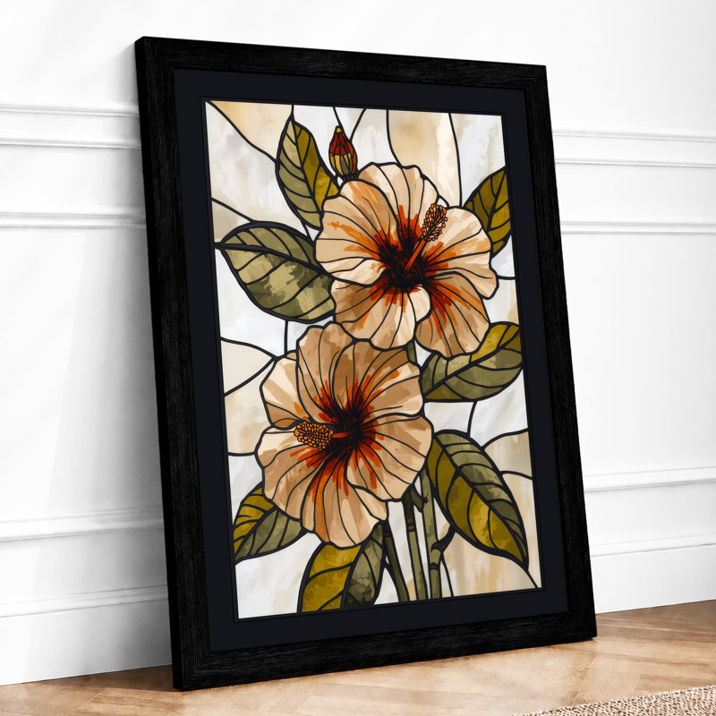 Stained Glass Flowers Botanical - Framed Print, Black, A4 - 29.7 x 21.0 cm