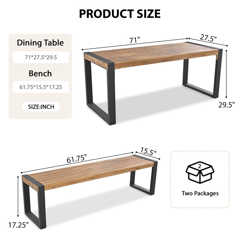  3-Piece Outdoor Dining Table with 2 Benches, Acacia Solid Wood Top & Steel Frame, Outdoor Furniture Set For Outdoor, Indoor and Natural