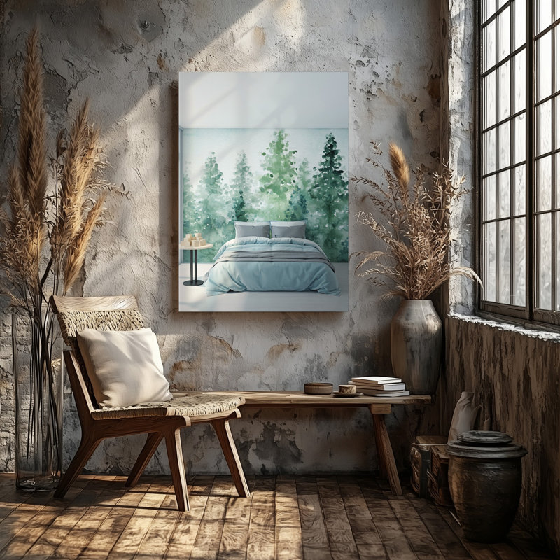 Toile une scène de chambre à coucher sereine avec un lit douillet à profil bas orné d'une literie bleu clair doux et un tableau d'art mural sur toile parfait