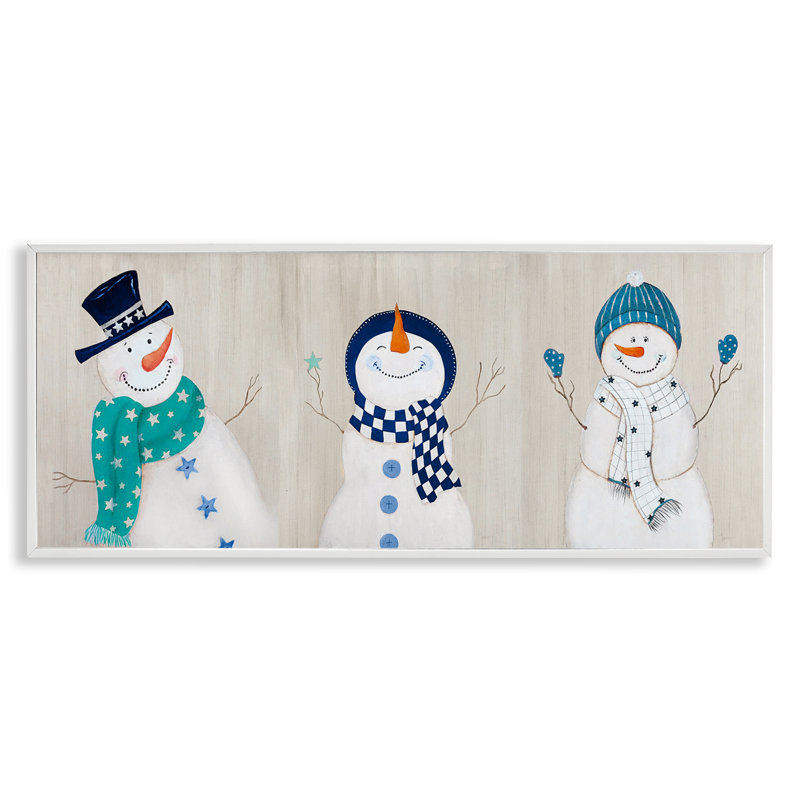 «Happy Snowman Trio», art mural sur toile par Janet Tava, Giclée encadrée blanc bord de mer, H 13 po x l 30 po