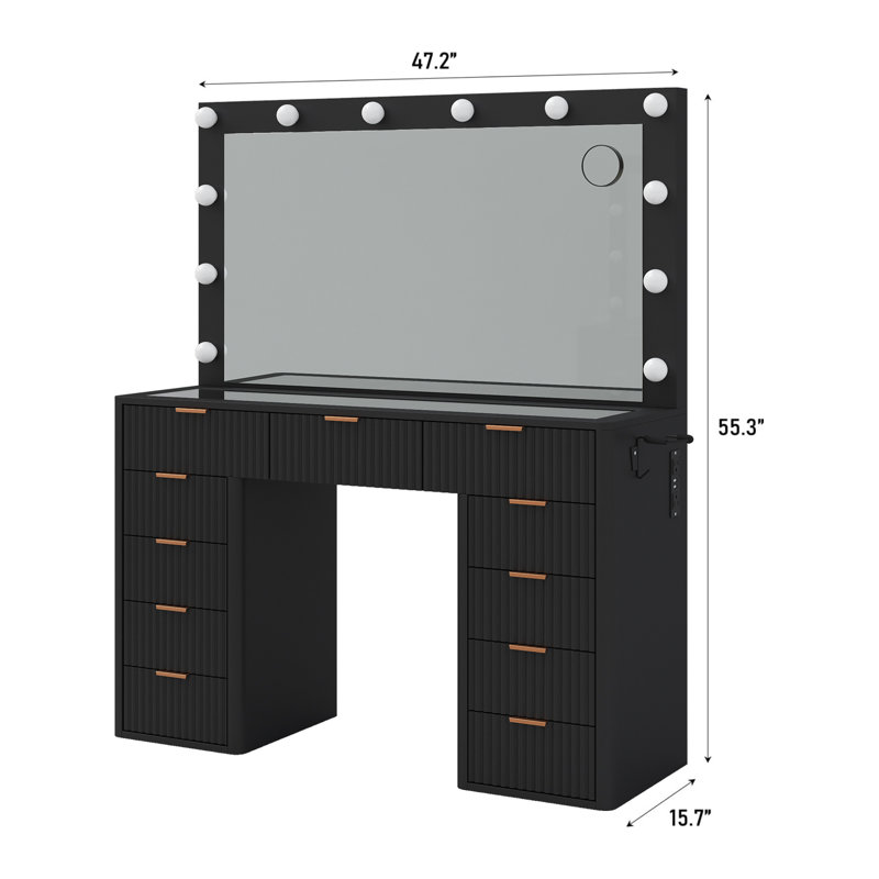 vanity Desk With Power Outlet, Fluted Makeup vanity With Lights Mirror, 3 Lighting Modes Adjustable, 11 Drawers vanity Set, Makeup Table With Glass Top, vanity Table With Chair