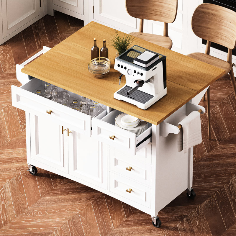 52'' Kitchen Island With Drop Leaf And Wheels. White, Design, Spice Rack, Towel 2 Doors, 5 Drawers, Adjustable Shelf For Modern Storage. White Finish, Texture, System