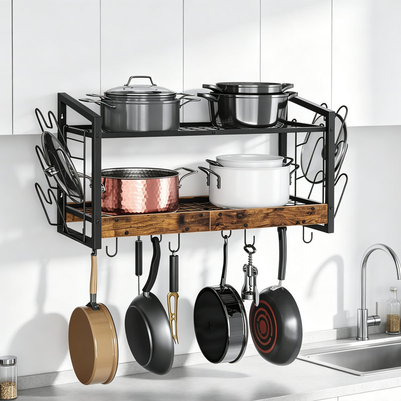 Rustic 2-Tier Wall-Mounted Pot Rack with 12 Hooks for Kitchen