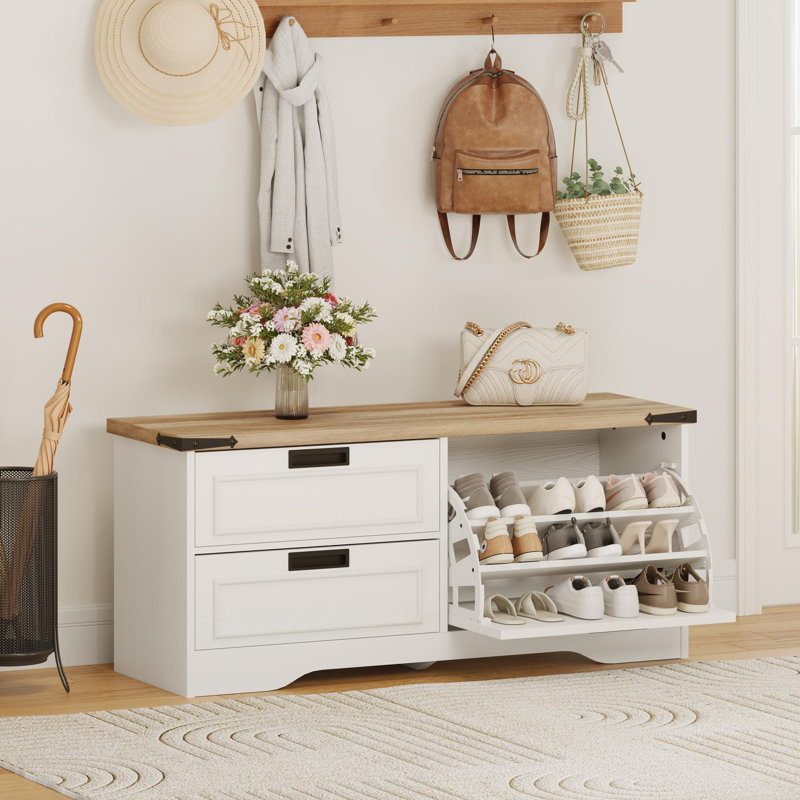 Guinna Farmhouse Entryway Bench, Wood Shoe Storage Bench With Flip Drawer, Enter Way Bench Shoe Cabinet Organizer, Hidden Shoe Rack Bench For Living Room Hallway