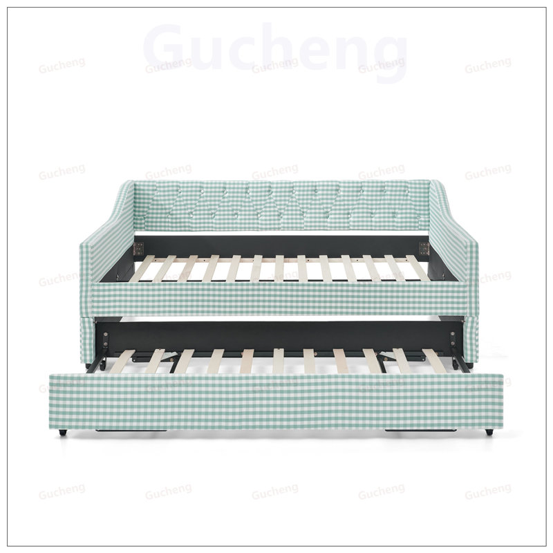 Lit de jour rembourré convertible avec dossier capitonné, canapé-lit polyvalent 3 en 1 avec lit gigogne escamotable et rangement latéral pour une vie compacte