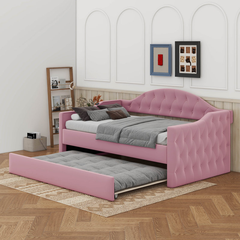 Twin Tufted Velvet Upholstered Daybed With Trundle, Pink