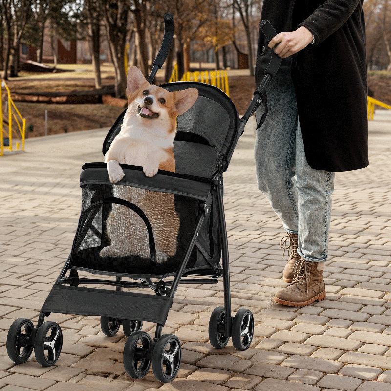 Black Steel Foldable Pet Stroller with Rubber Wheels