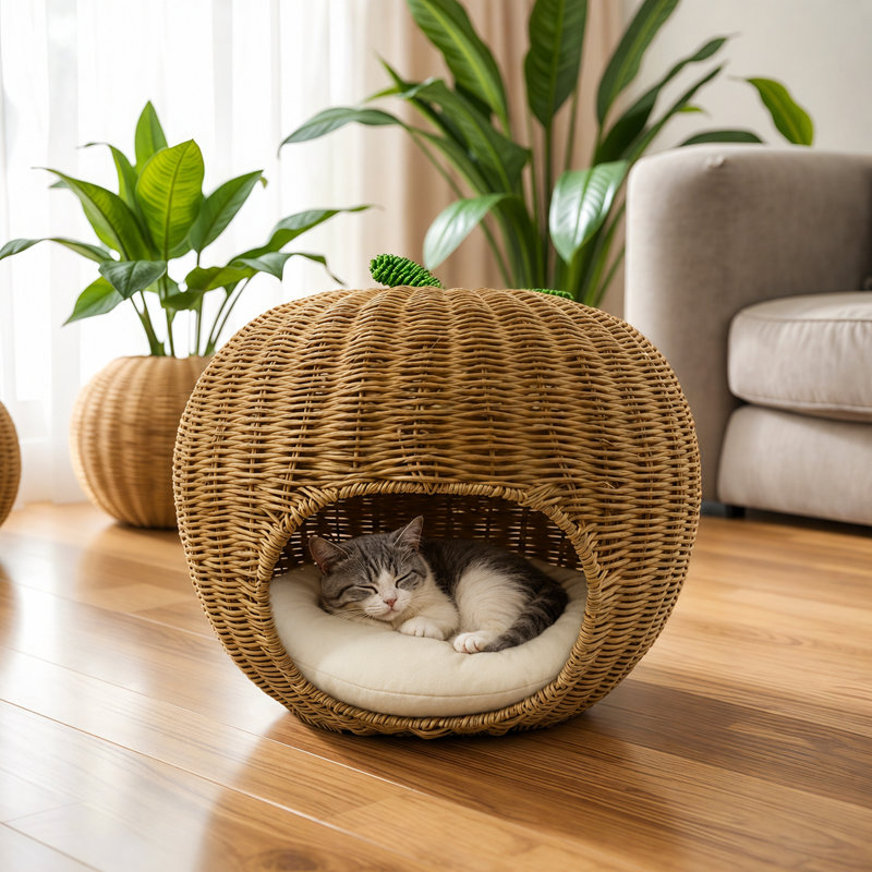 Lit pour chat en osier PE en forme de pomme - maison semi-fermée semi-fermée tissée à la main pour animaux de compagnie, nid de chat intérieur respirant pour petits animaux de compagnie de taille moyenne de moins de 20 lb, rotin naturel