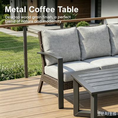 Ensemble de canapé de patio en résine tressée avec table basse et coussins de 10 cm, canapé d'extérieur gris avec structure en acier pour terrasse de piscine ou jardin.