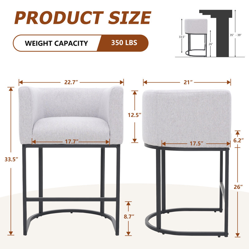 27" H Counter Height Barrel Bar Stools, Black, Lightgray/Black Frame