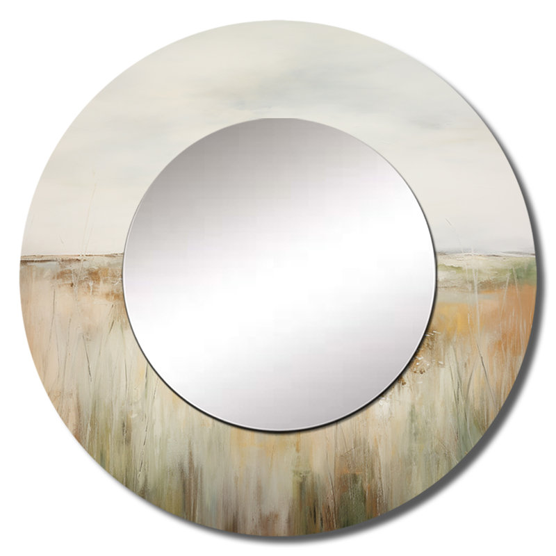Meadow Grasslands Minimalisme II - miroir décoratif Meadow, miroir mural rond beige, impression d'art en métal, 36 po x 36 po