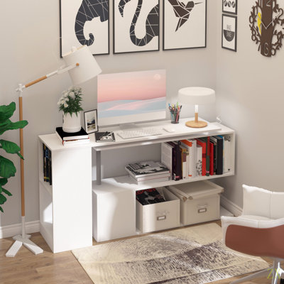 55" 360° Rotating Corner Computer Desk Modern L-Shaped Home Office Workstation With 3-Tier Storage Shelves, Bookshelf