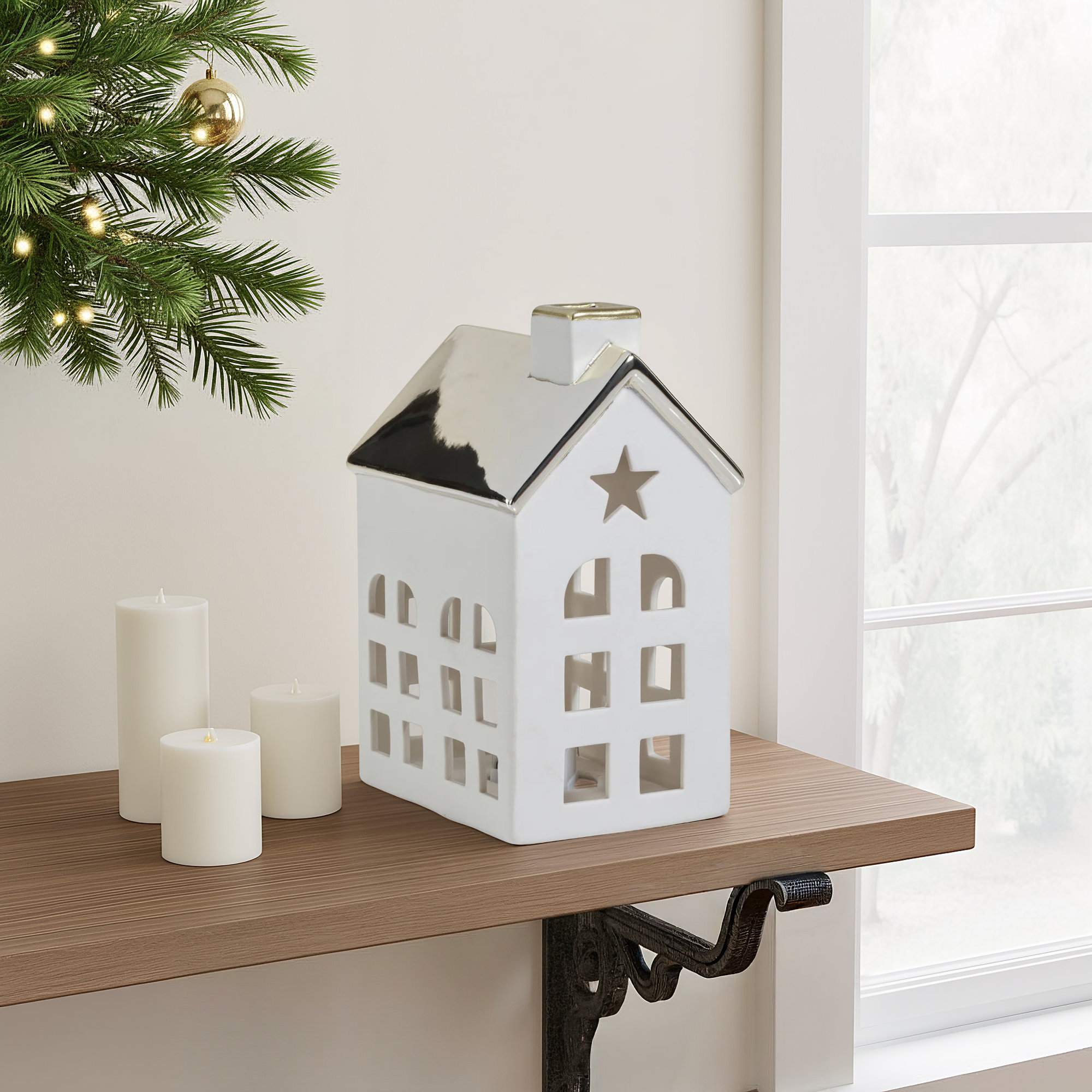 Lilou 2-Piece Set Porcelain LED House with Roof, Gold/White, 5.5" H x 4" W x 3" D