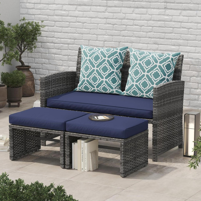 Neyko 40.55'' Wide Straight Steel Loveseat with Cushions, Navy Blue