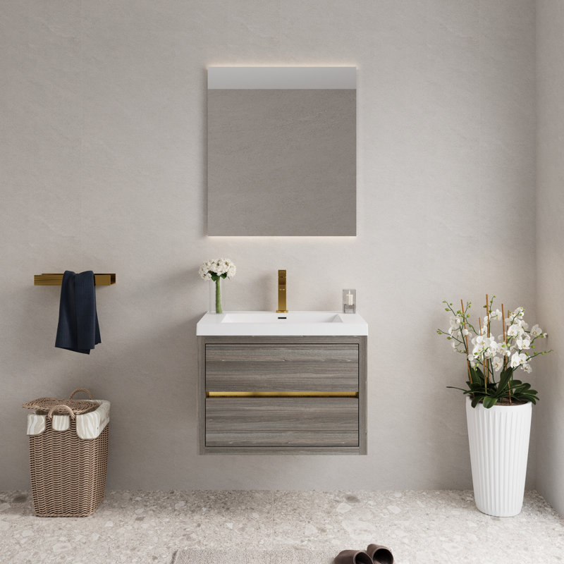 Meuble-lavabo de 30 po avec lavabo. Espace de rangement flottant gris cendré. Pré-assemblé pour plus de commodité. Organisation intérieure en forme de U. Comptoir en résine de pierre. Mécanisme de tiroir à fermeture silencieuse.