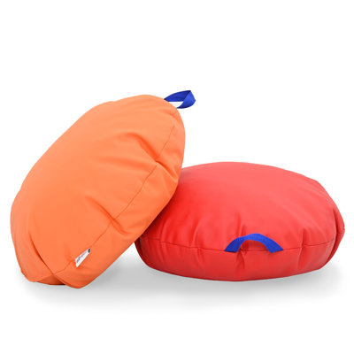 Children's Factory Mini Round Poufs, Flexible Classroom Seating, Durable Floor Cushions with Handles, Red and Orange