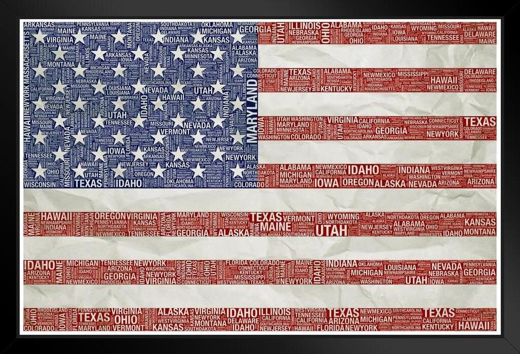 Vintage Faded American Flag State Names Words Art Postcard