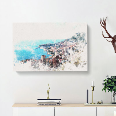 Skyline Of Monte Carlo In Monaco Watercolour - Wrapped Canvas Print