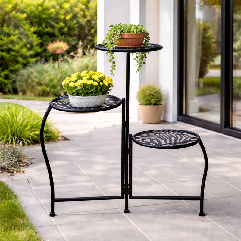 Folding 3-Tier Iron Plant Stand with Elegant Leaf Cutout Design for Indoor Living Spaces and Outdoor Garden Use – 22", Black