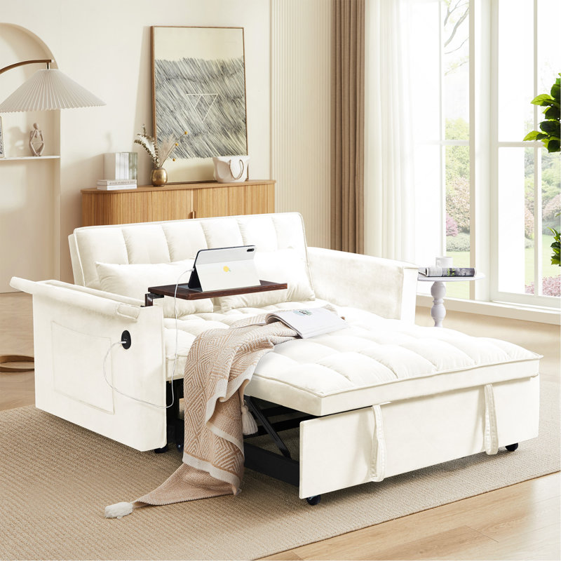 Canapé-lit 55,5 po 3-en-1 pliable, canapé double en velours moderne, canapé-lit à dossier réglable, sac de rangement et oreiller, bureau d'ordinateur portable caché avec port USB, convient au salon, à la chambre à coucher