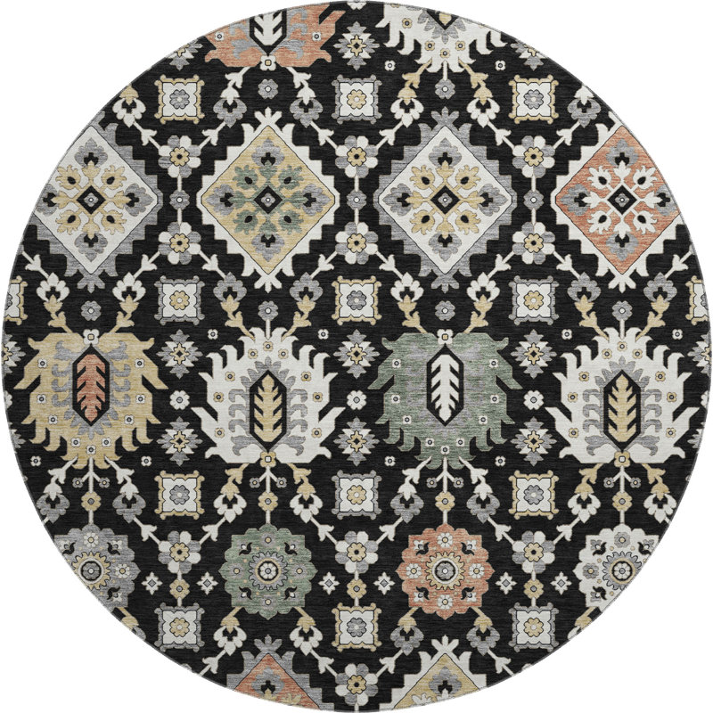 Premium Machine Washable Mayfield AMF2200 bohemian Rug, 8' Round, Black