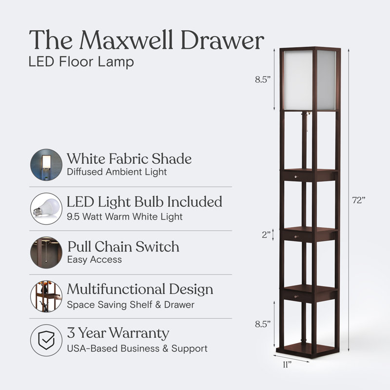 Maxwell 72" Traditional LED Shelf Floor Lamp with Brown Finish, 4 Built-In Shelves, 3 Storage Drawers, Bulb Included, Brown
