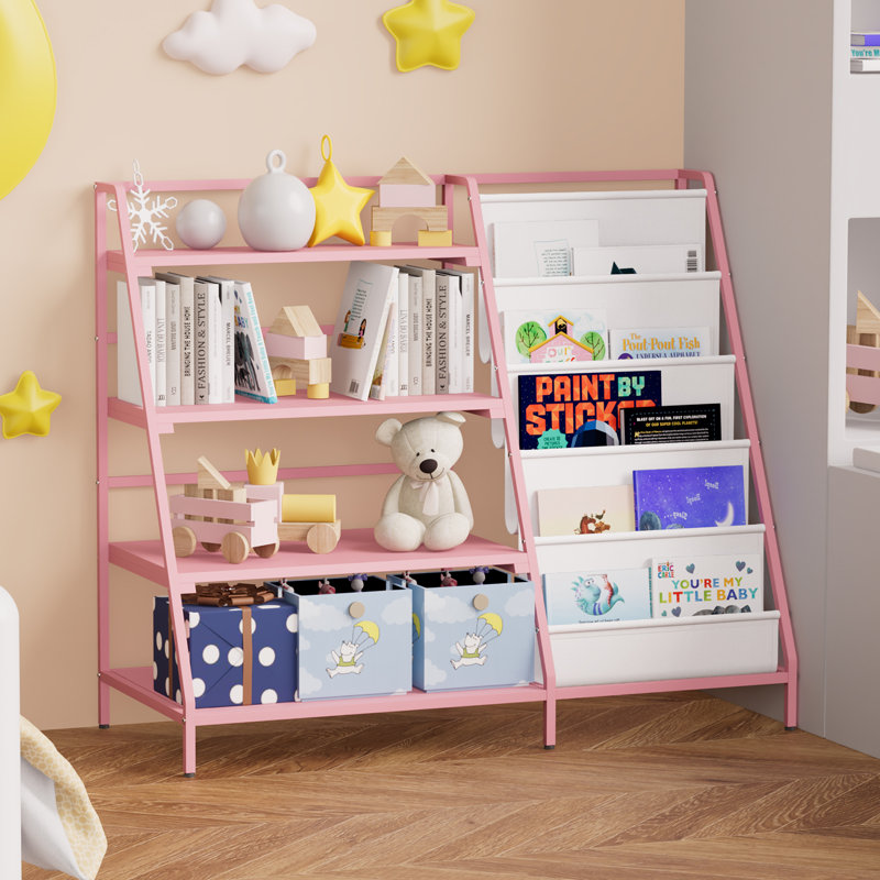32'' Height Metal Book Display, Bookshelf and Toy Storage Organizer - 4 Tier Book Shelf, Pink