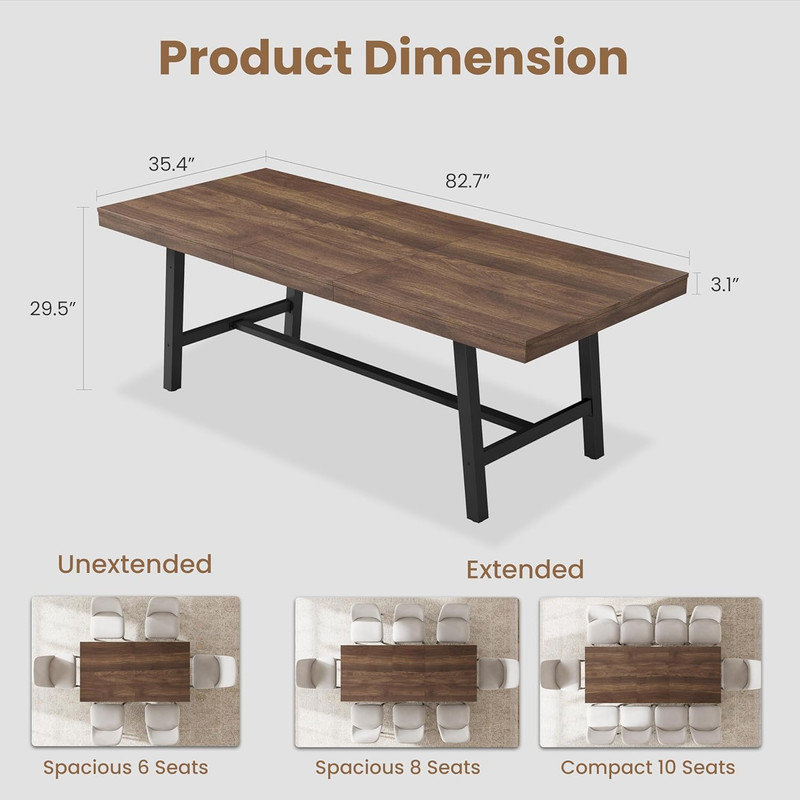 63-83" Extendable Industrial Dining Table for 6-8 People, Black Metal Frame, Rustic Wood Grain, Heavy-Duty Kitchen Table for Dining Room, Parties