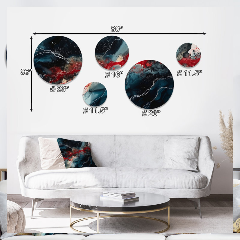 Ensemble de 5 décorations murales encre liquide bleue et rouge captivante I