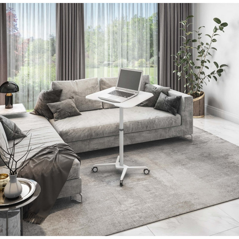 Support d'ordinateur portable blanc à hauteur réglable (de 31,5 à 45,5 pouces) et plateau de table inclinable avec roulettes verrouillables