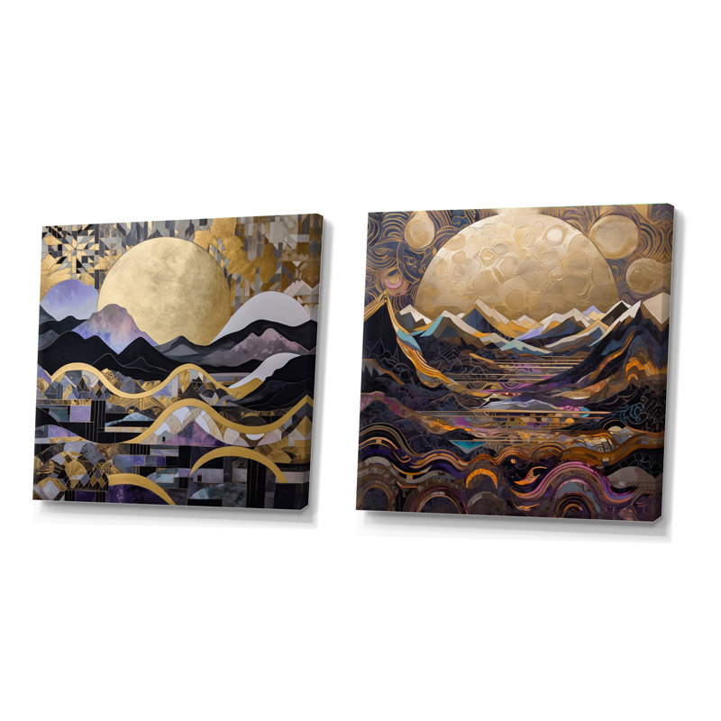 Golden Rising Moon - ensemble de 2 collage paysage carré moderne, H 30 po x l 61 po, Toile tendue