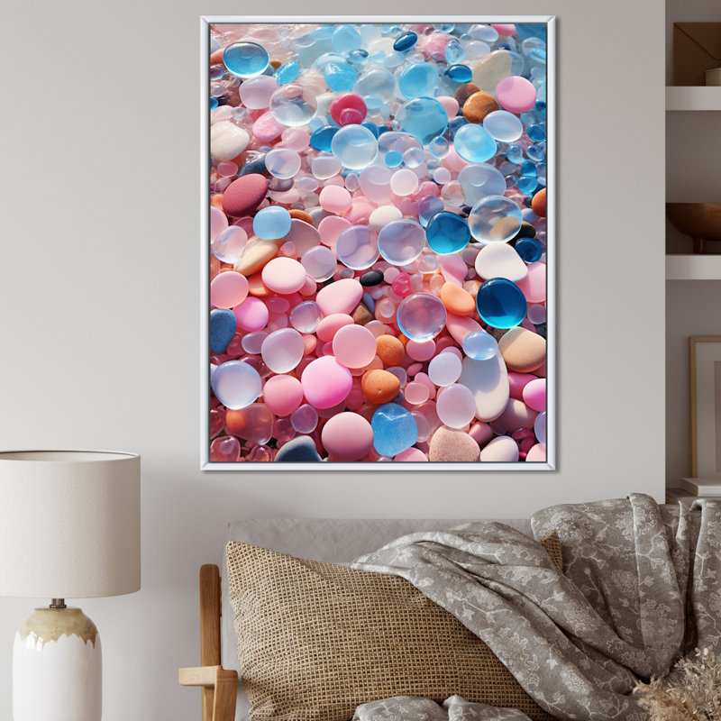 «Pink and Turquoise Pebble Tropical Beach», reproduction sur toile, H 20 po x l 12 po x P 1 po, Cadre flottant blanc