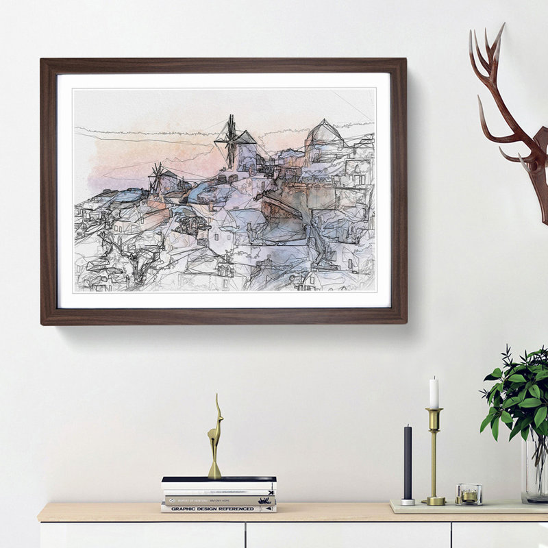 Oia Santorini Skyline in Greece in Abstract - Picture Frame Graphic Art Print, 27cm H x 36cm W x 2cm D, Walnut Framed
