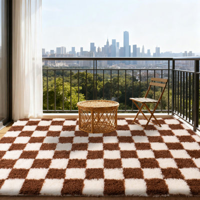 White and Brown Checkered Area Rug Ideal for Study/Bedside/Living Room