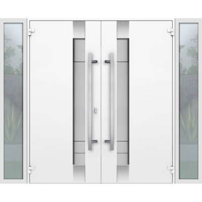 Porte d'entrée extérieure prémontée en métal, porte double 1713, émail blanc, verre dépoli, 2 impostes latérales, fenêtres extérieures noires, porte moderne peinte, ouverture intérieure gauche, 104 x 80