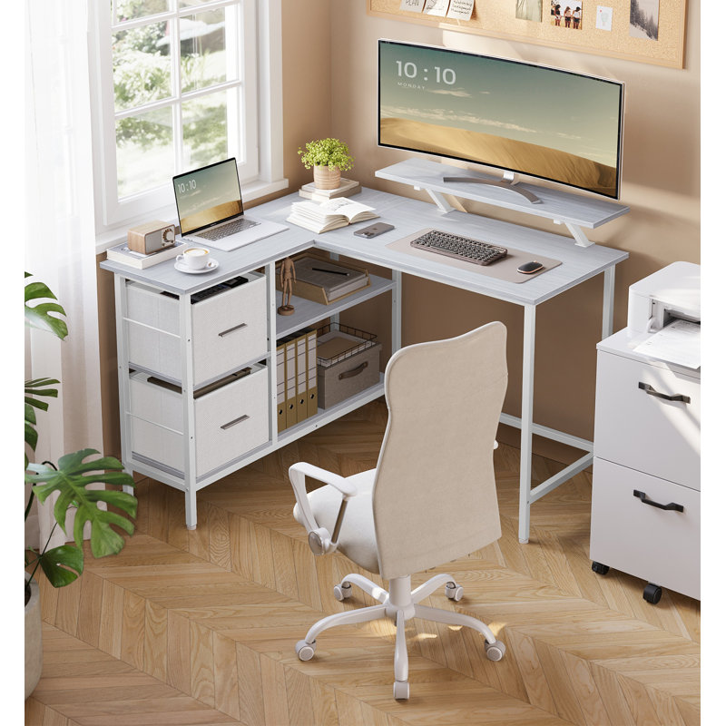 Aliyanah L-Shaped Metal Base Computer Desk, 89.5cm H x 115cm W x 105cm D, White