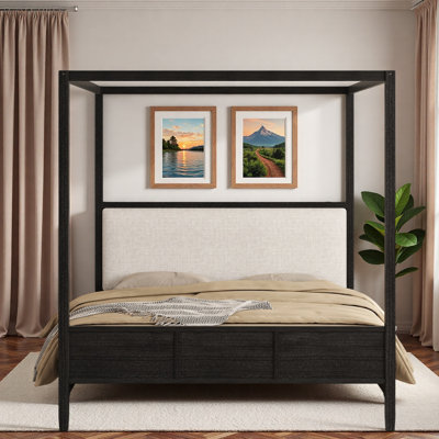 Lit plateforme à baldaquin en bois avec tête de lit tapissier