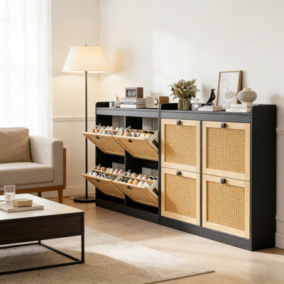 Range-chaussures en bois avec 4 tiroirs rabattables et portes en rotin - Rangement autoportant pour vestibule ou entrée (4 tiroirs - ensemble de 2)