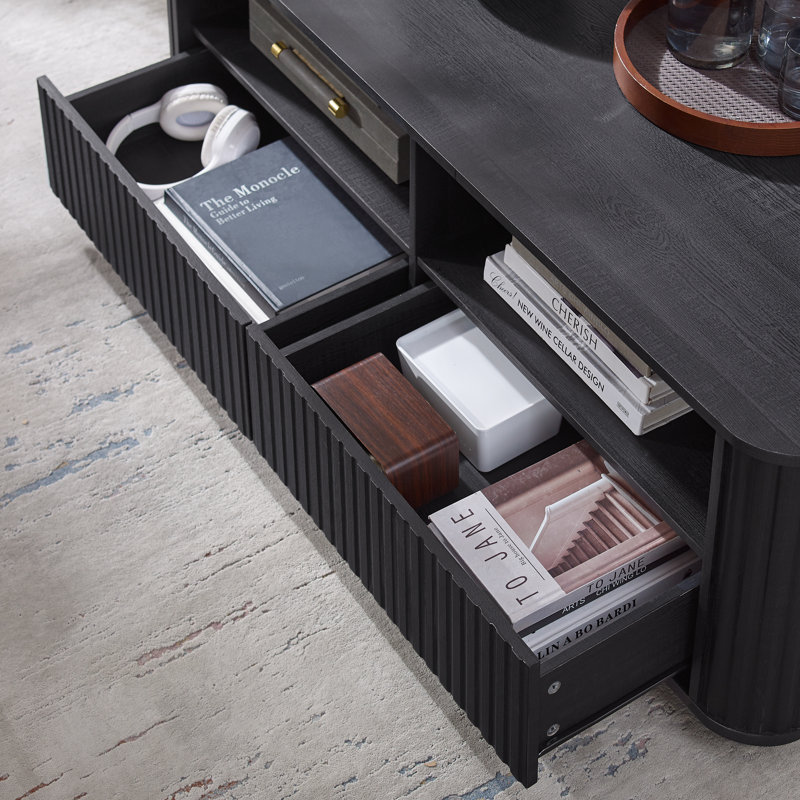 Table basse cannelée l 52 po avec tablette ouverte et 2 tiroirs, Black